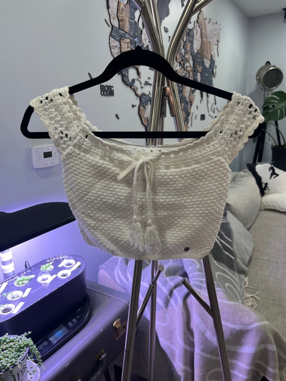 Hollister White Crochet Crop Camisole with Tassel Tie